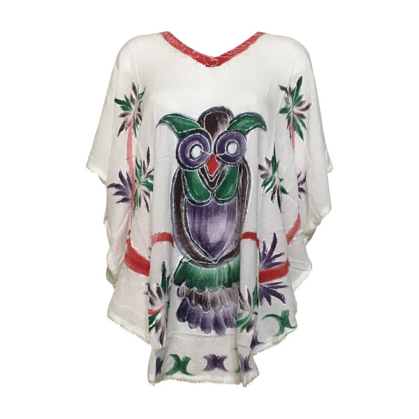 Tunique Kaftan Blanc Hibou Peint JK-1986