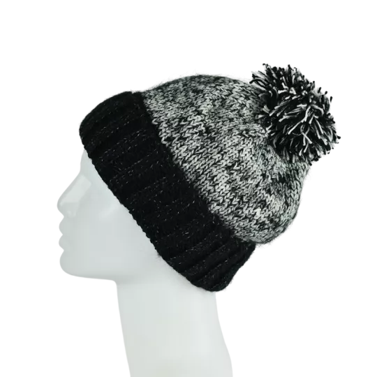 Bonnet Tricoté Noir et Écru Pompon -M