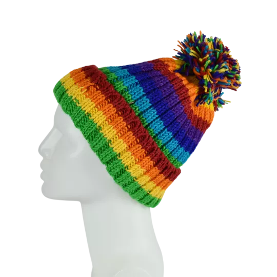 Bonnet MulticoloreTricot Laine Pompon -O